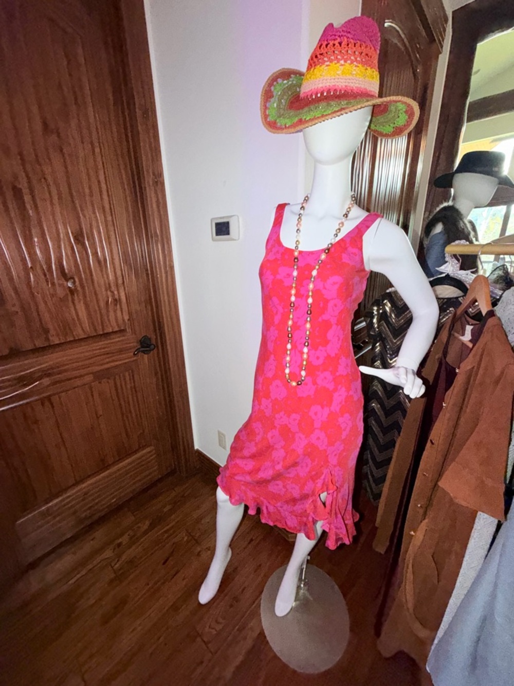 Ann Taylor Bright Pink Floral Midi Dress with Ruffle Hem